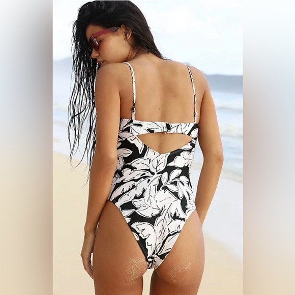 Free People Peony Strapless Printed 1 Piece Swimsuit Duet Ivory Black Leaves - Picture 2 of 6